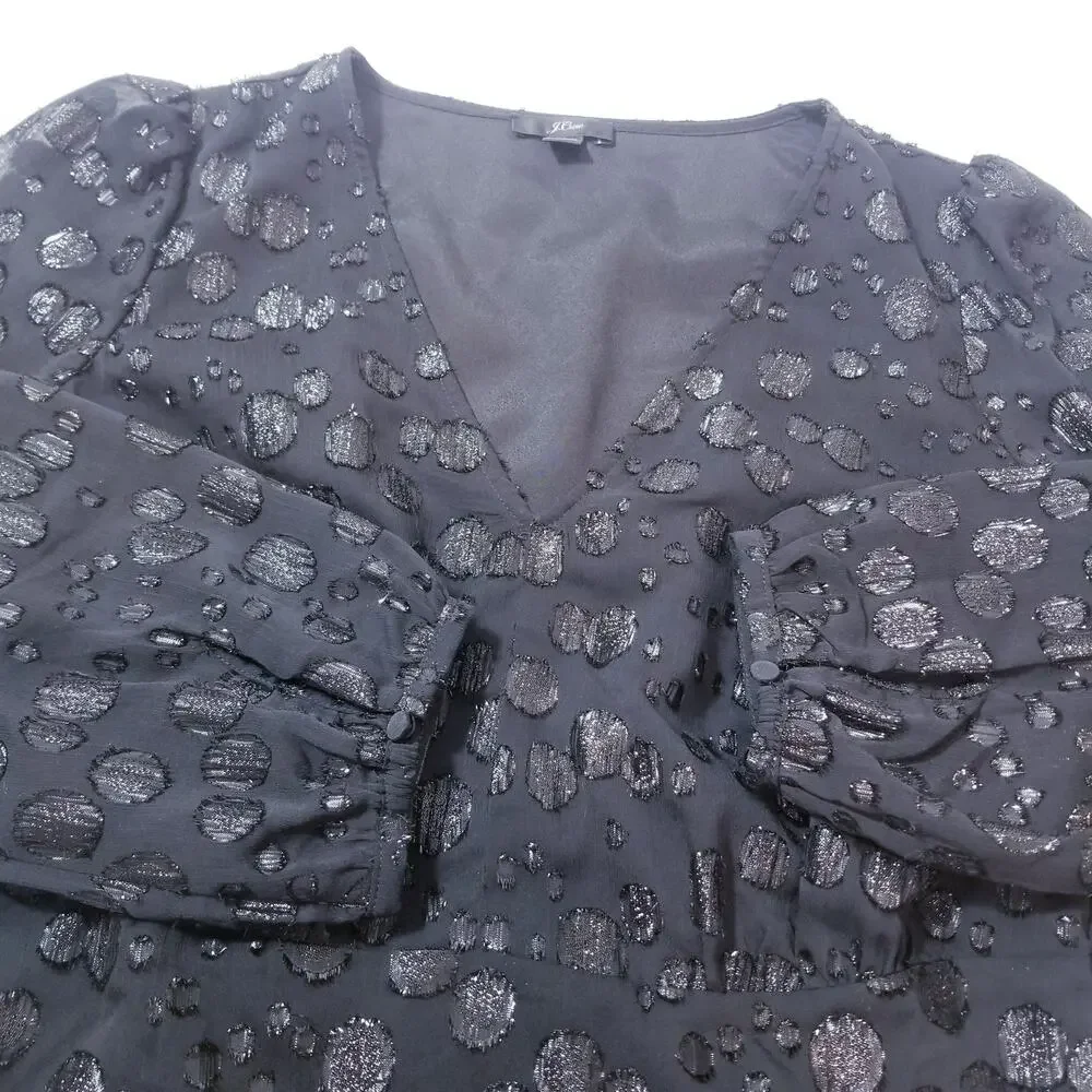 J. Crew Black Polka Metallic Dot Jacquard Blouse V-Neckline Tie Waist